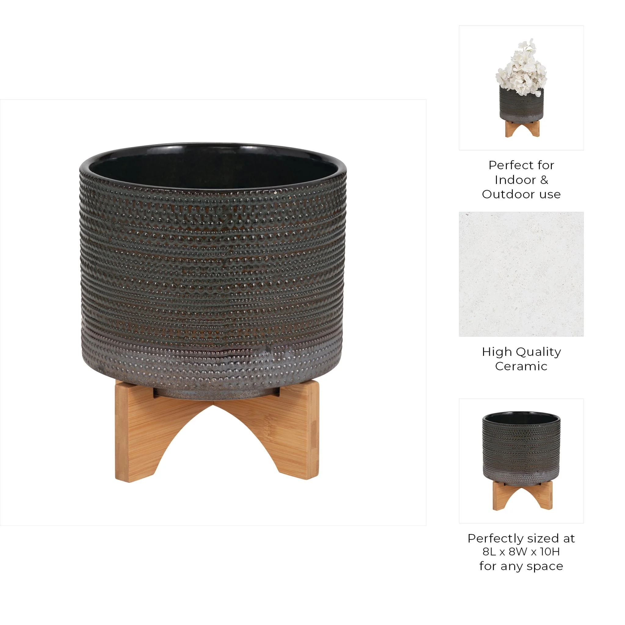 8" Dotted Planter W/ Wood Stand, Green - Image 10