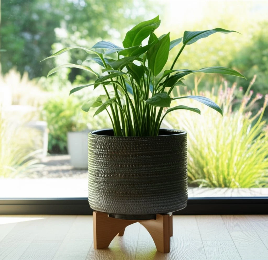 8" Dotted Planter W/ Wood Stand, Green - Image 13