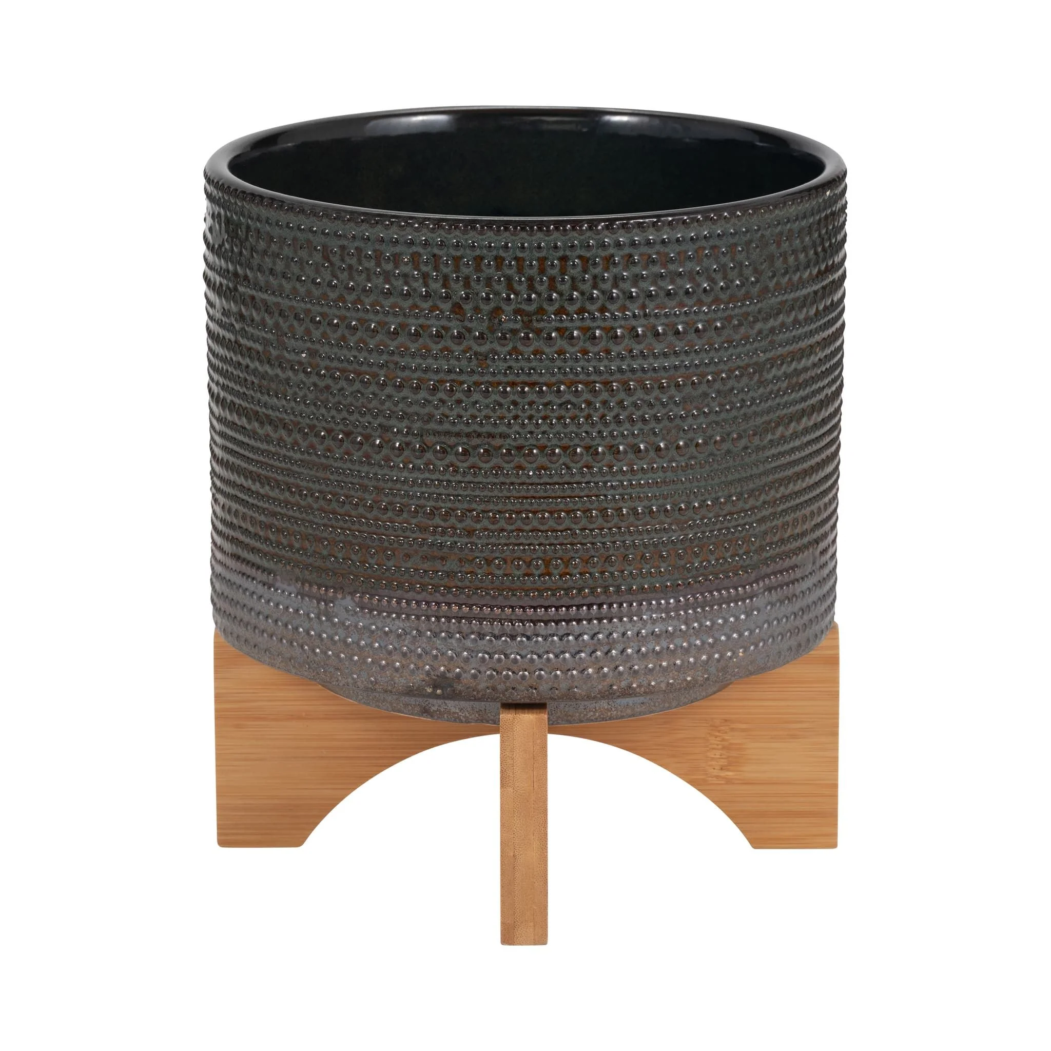 8" Dotted Planter W/ Wood Stand, Green - Image 4