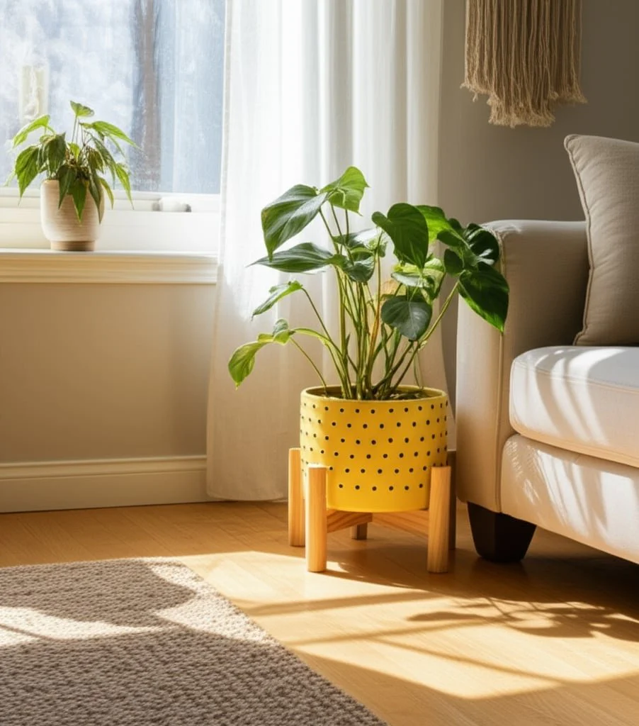 8" Dotted Planter W/ Wood Stand, Yellow - Image 11