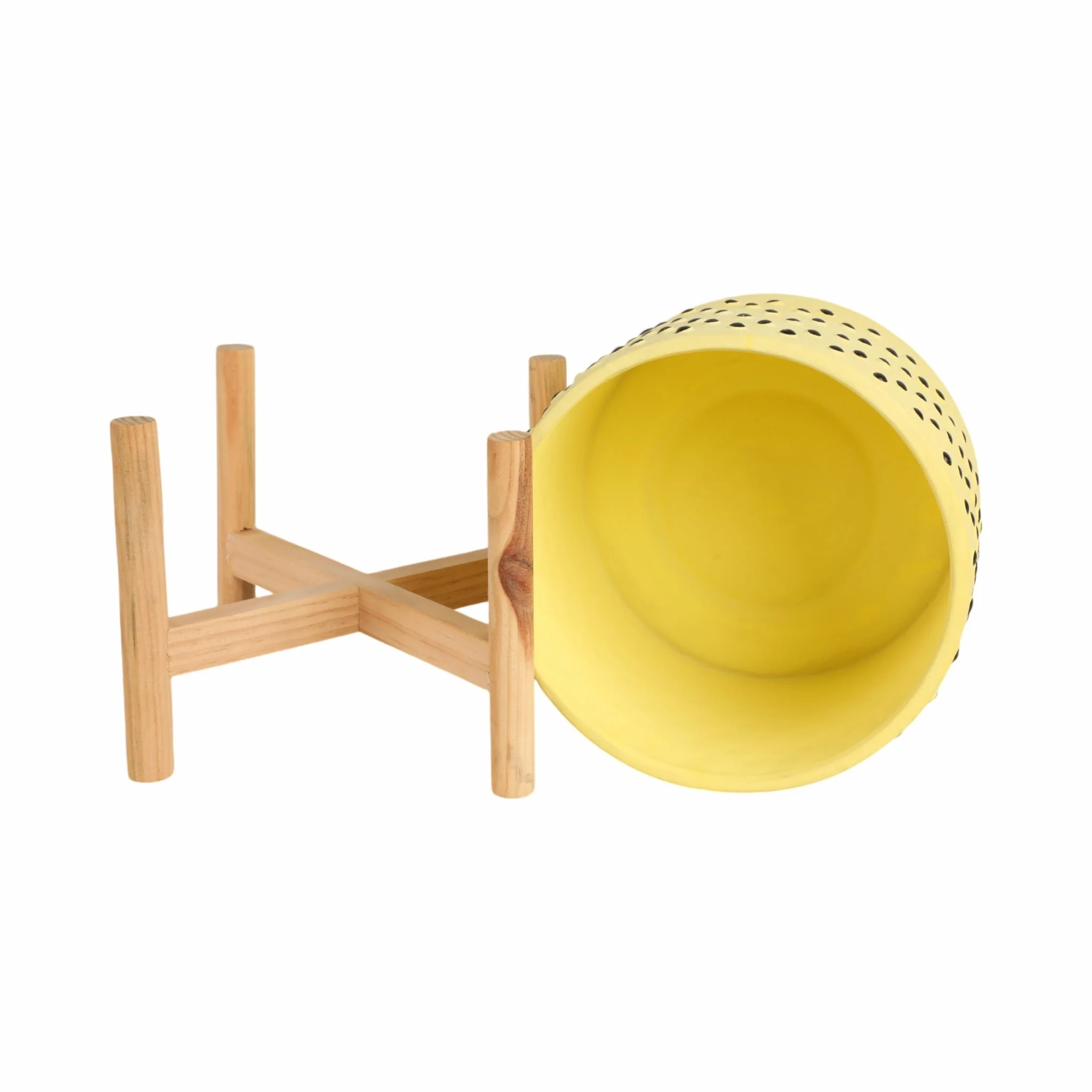 8" Dotted Planter W/ Wood Stand, Yellow - Image 7
