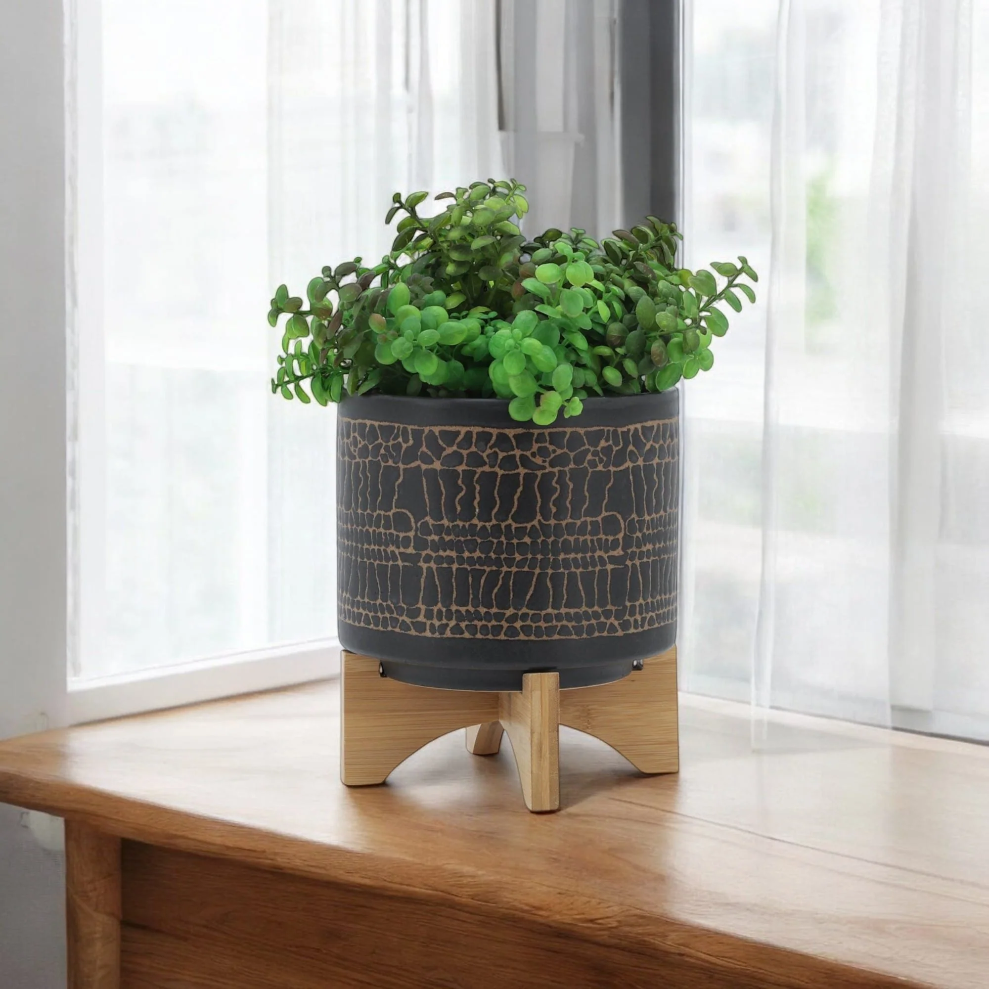 8" Glazed Planter W/ Stand, Black - Image 11