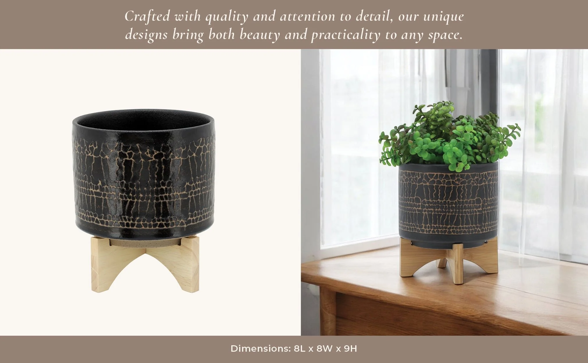 8" Glazed Planter W/ Stand, Black - Image 12