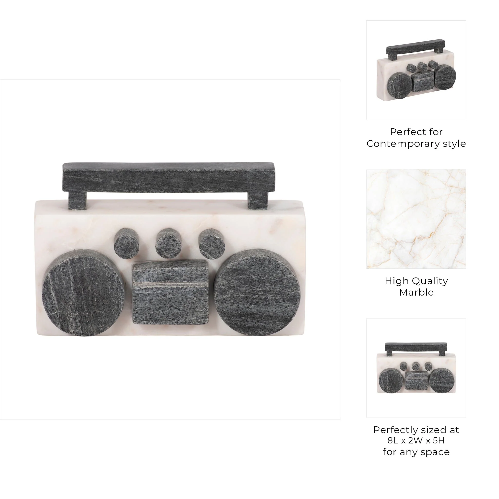 8" Marble Boombox, White/black - Image 9
