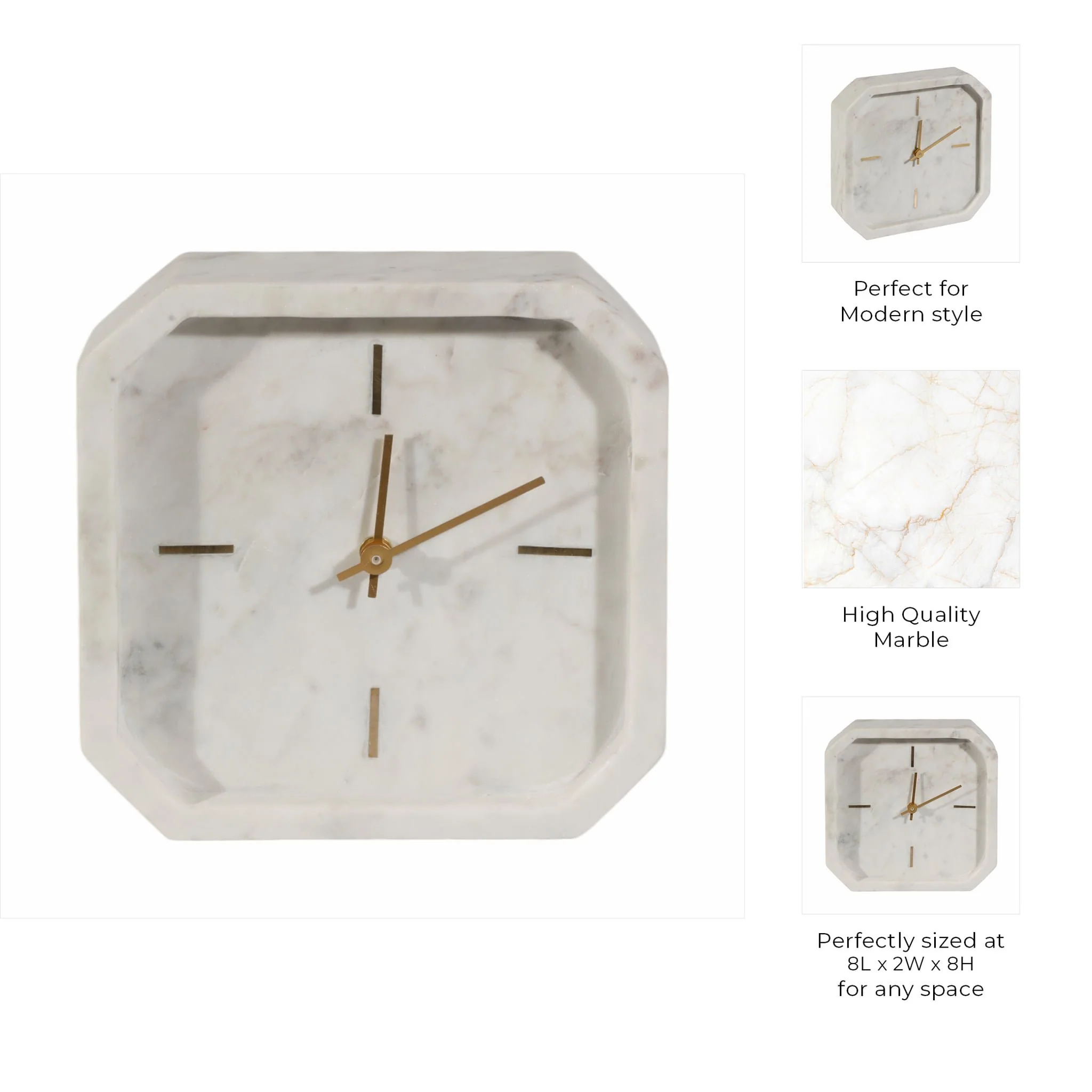 8" Marble Octagon Clock, Wht/gld - Image 9