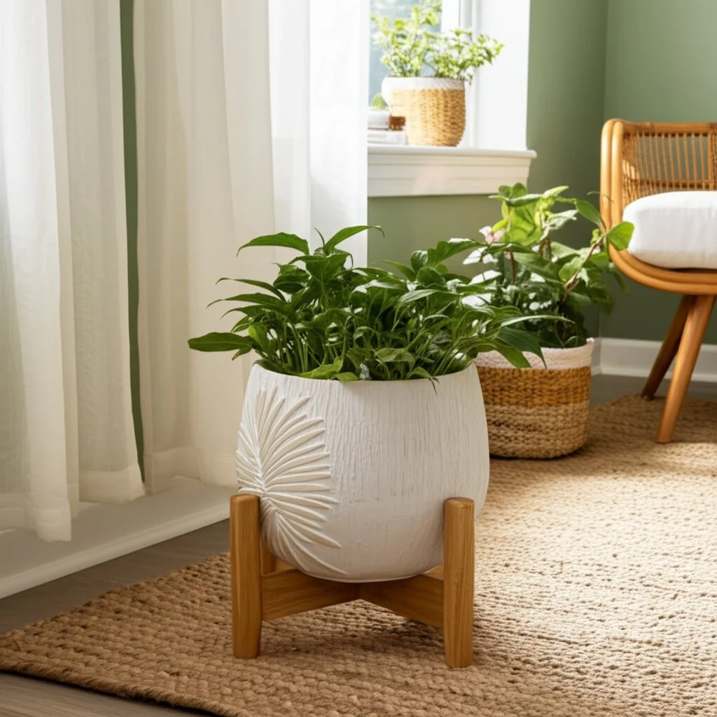 8" Pampas On Rounded Planter, Ivory - Image 12
