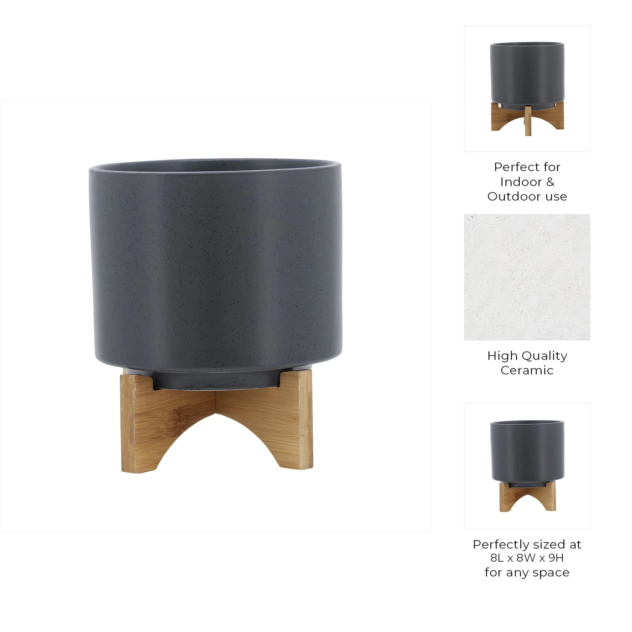 8" Planter W/ Wood Stand, Matte Gray - Image 10