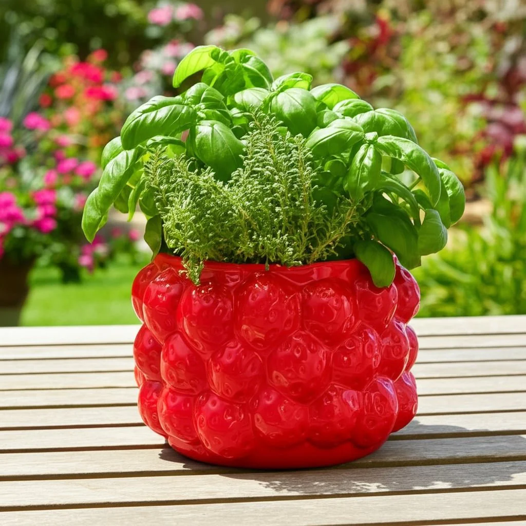 8" Strawberries Flower Pot, Red - Image 10