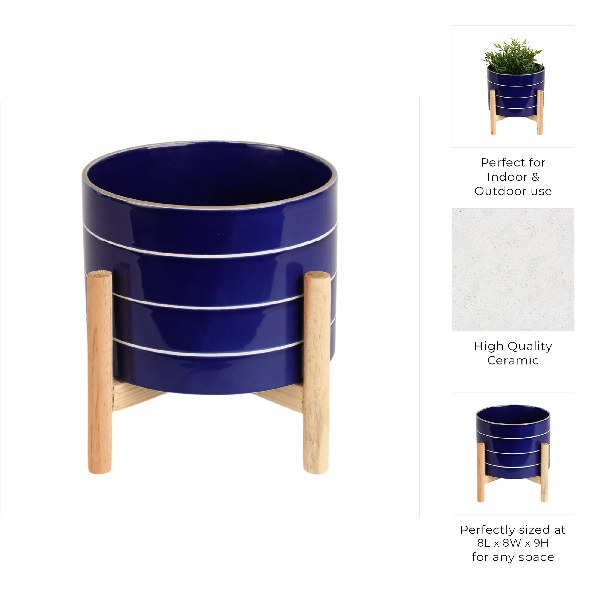 8" Striped Planter W/ Wood Stand, Navy - Image 10