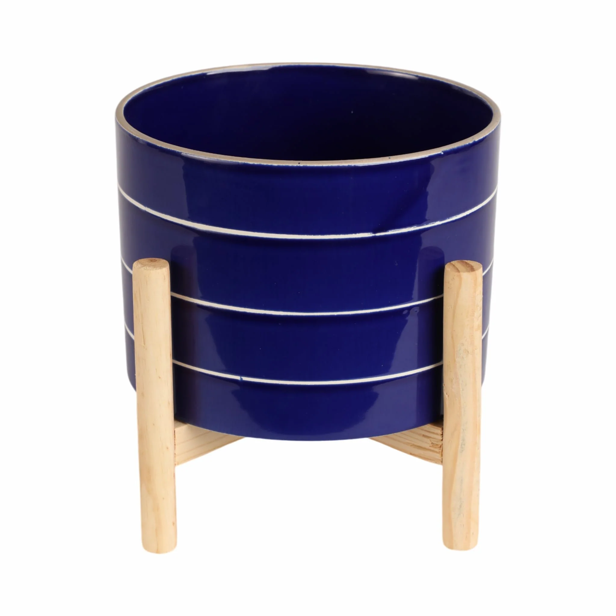 8" Striped Planter W/ Wood Stand, Navy - Image 4