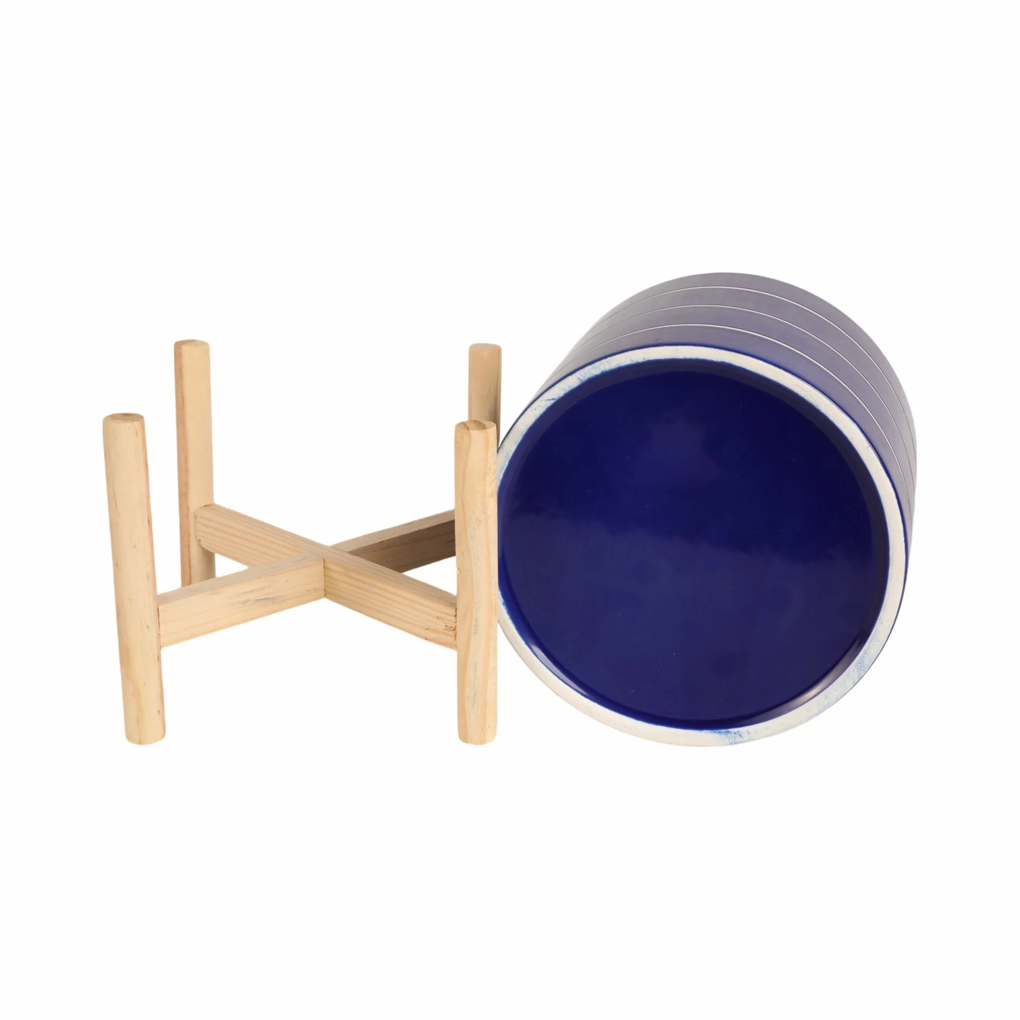 8" Striped Planter W/ Wood Stand, Navy - Image 8
