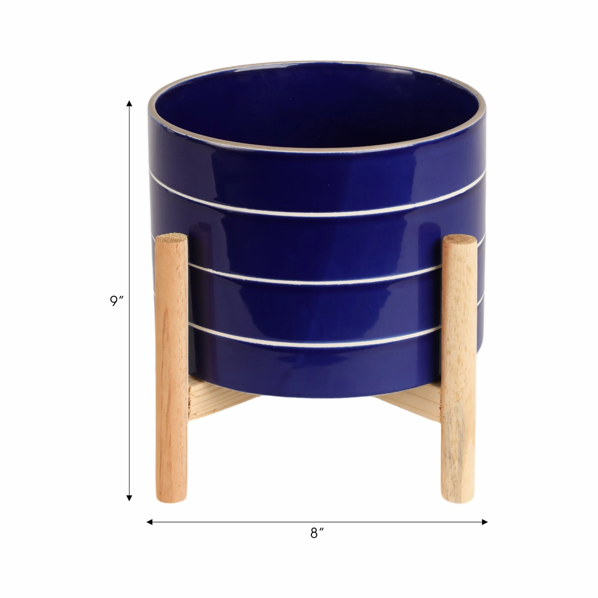 8" Striped Planter W/ Wood Stand, Navy - Image 9