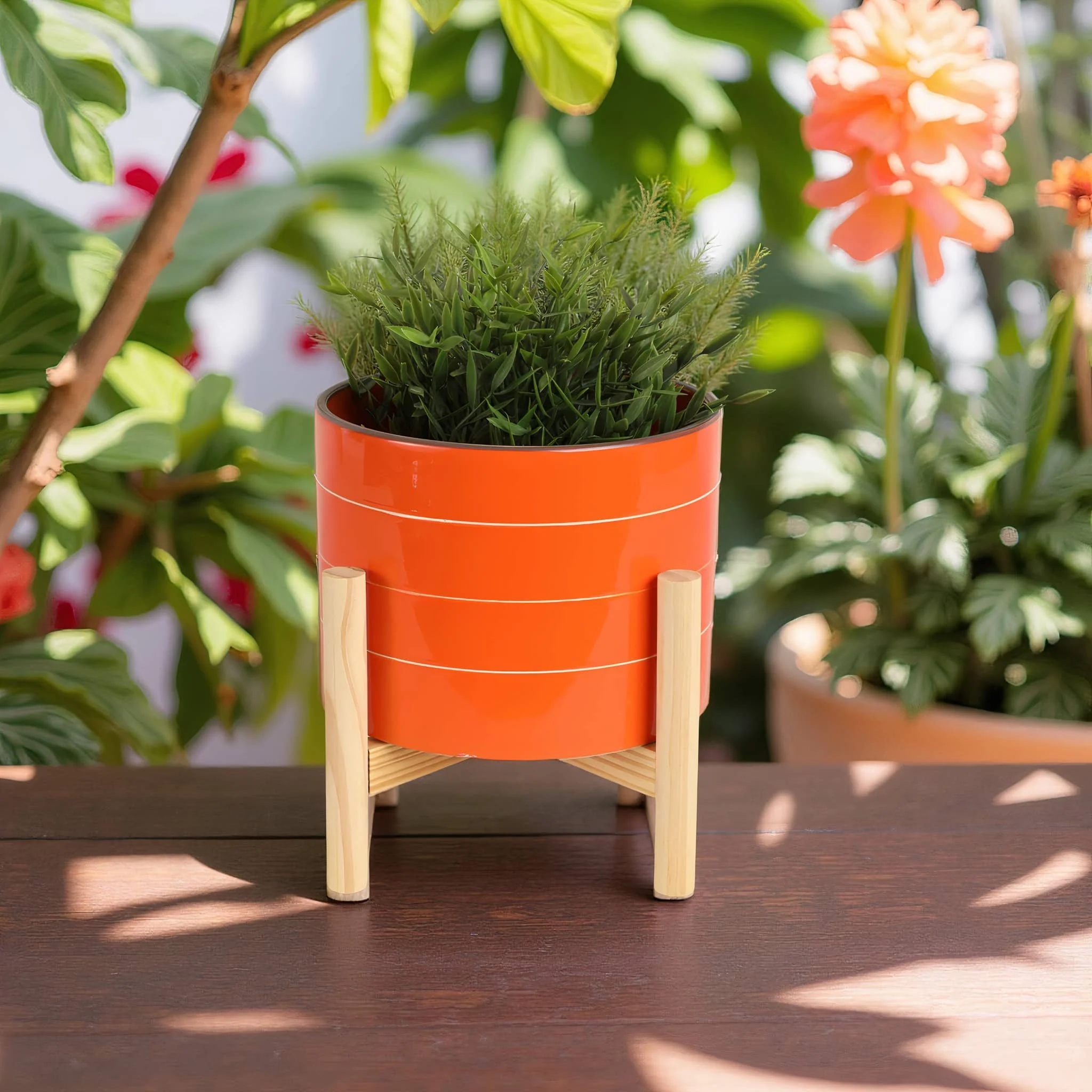 8" Striped Planter W/ Wood Stand, Orange - Image 11