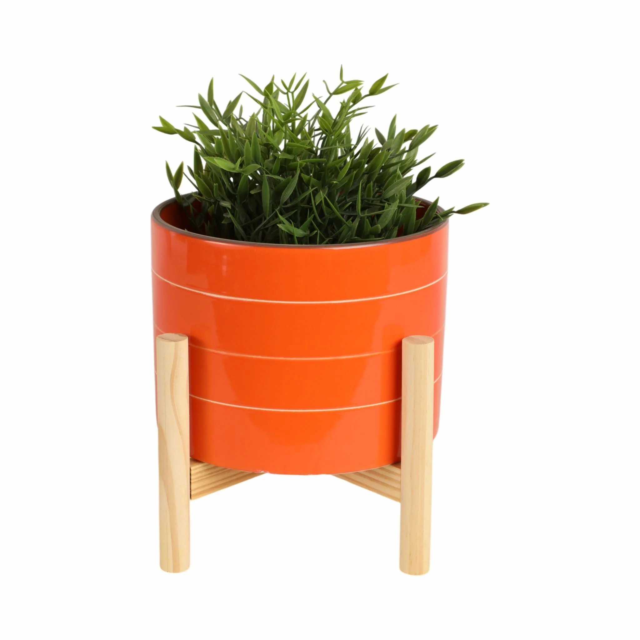 8" Striped Planter W/ Wood Stand, Orange - Image 2