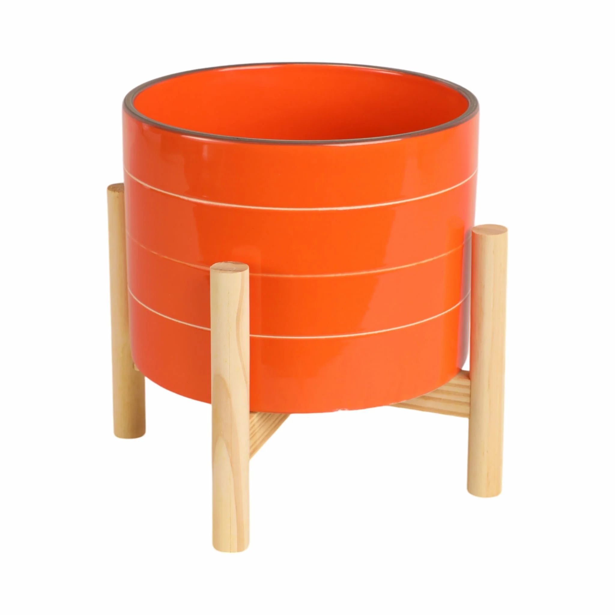 8" Striped Planter W/ Wood Stand, Orange - Image 3