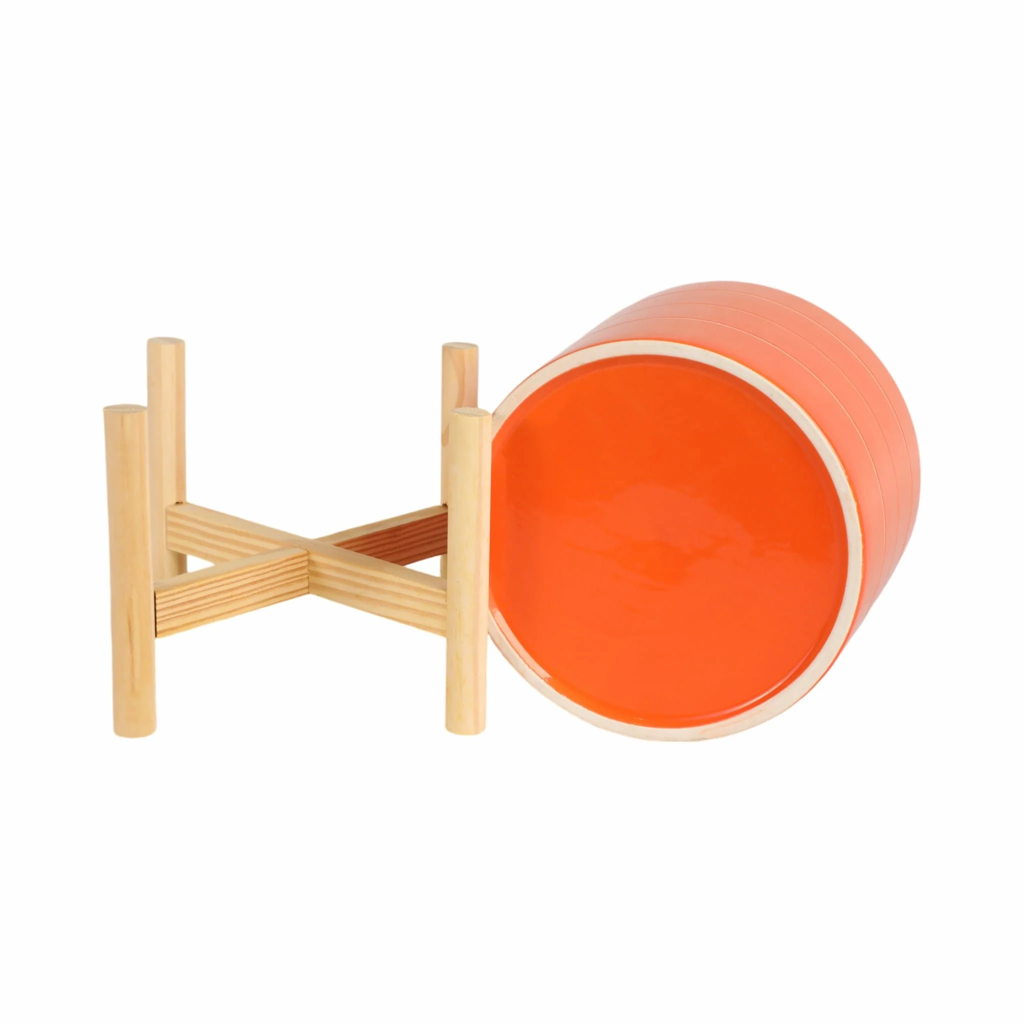 8" Striped Planter W/ Wood Stand, Orange - Image 8