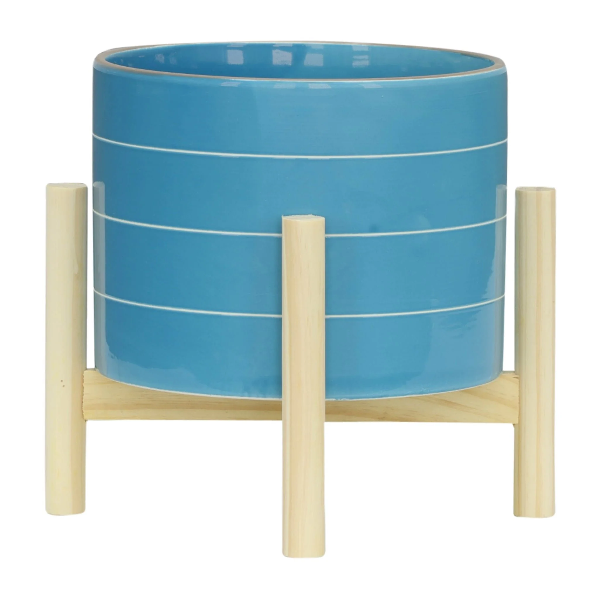 8" Striped Planter W/ Wood Stand, Skyblue - Image 2