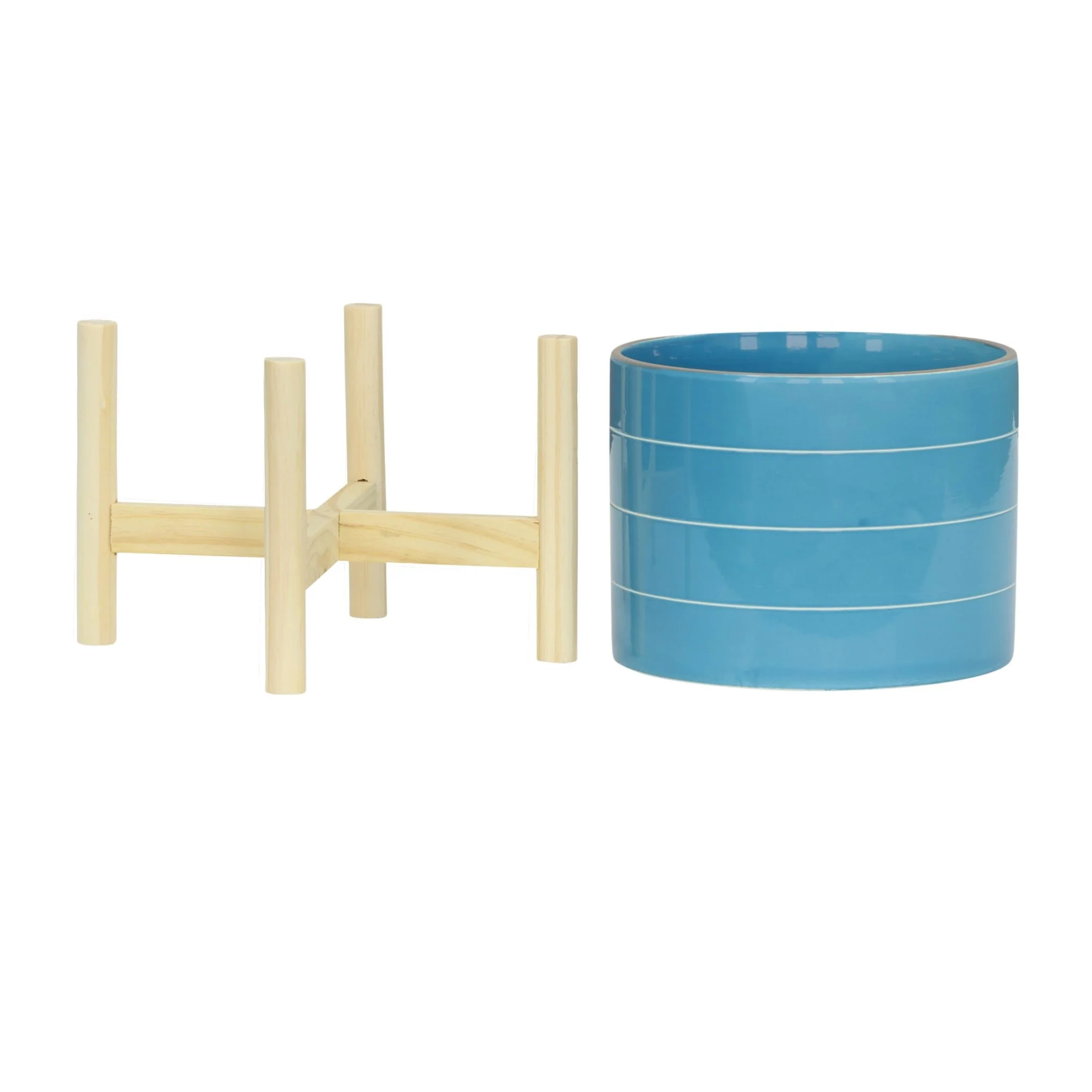 8" Striped Planter W/ Wood Stand, Skyblue - Image 3