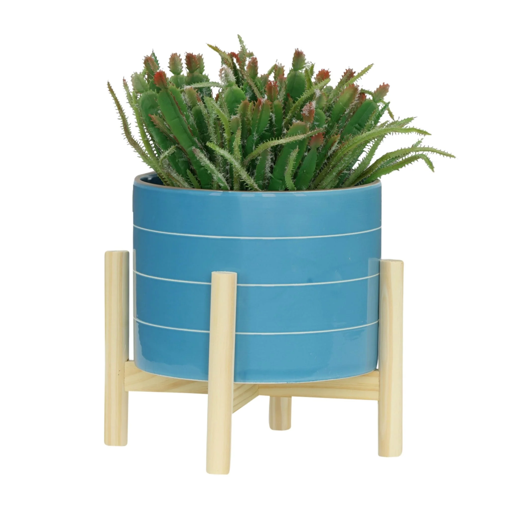 8" Striped Planter W/ Wood Stand, Skyblue - Image 4