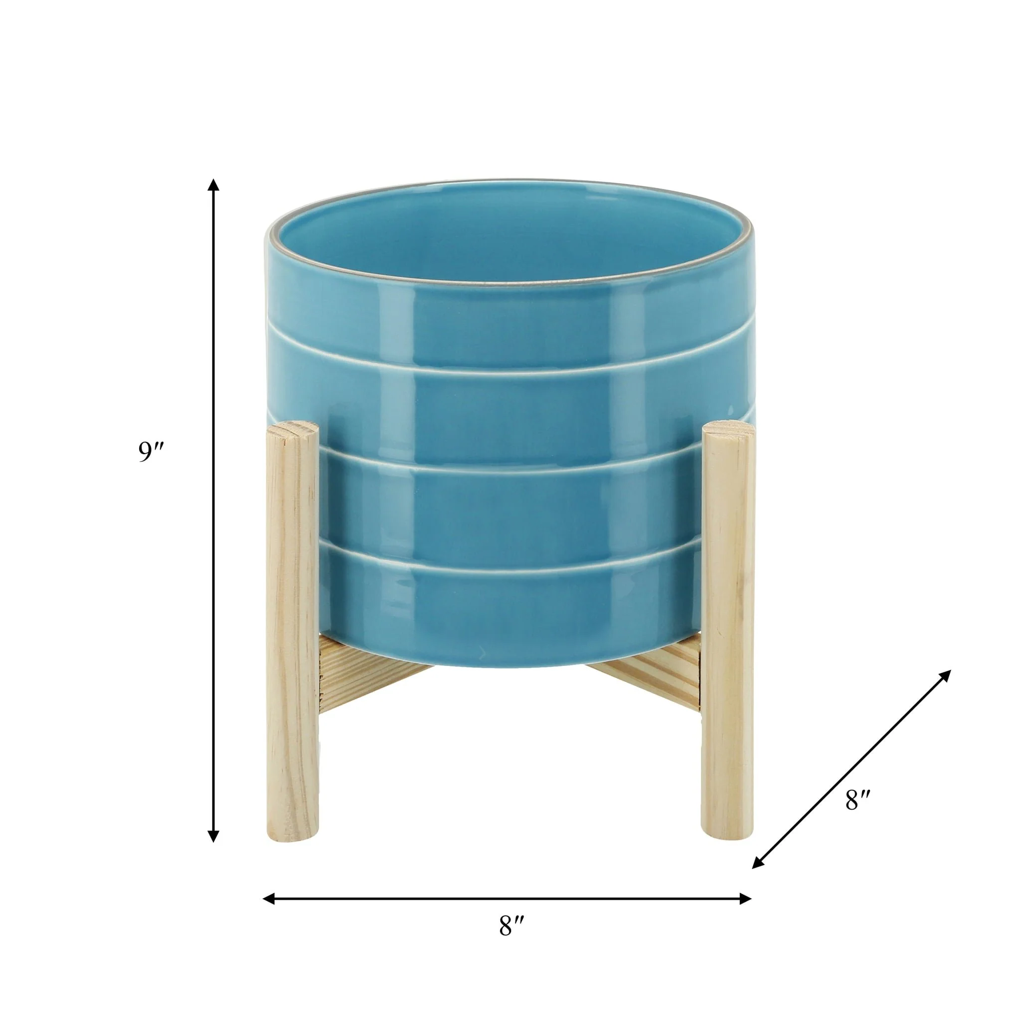 8" Striped Planter W/ Wood Stand, Skyblue - Image 8