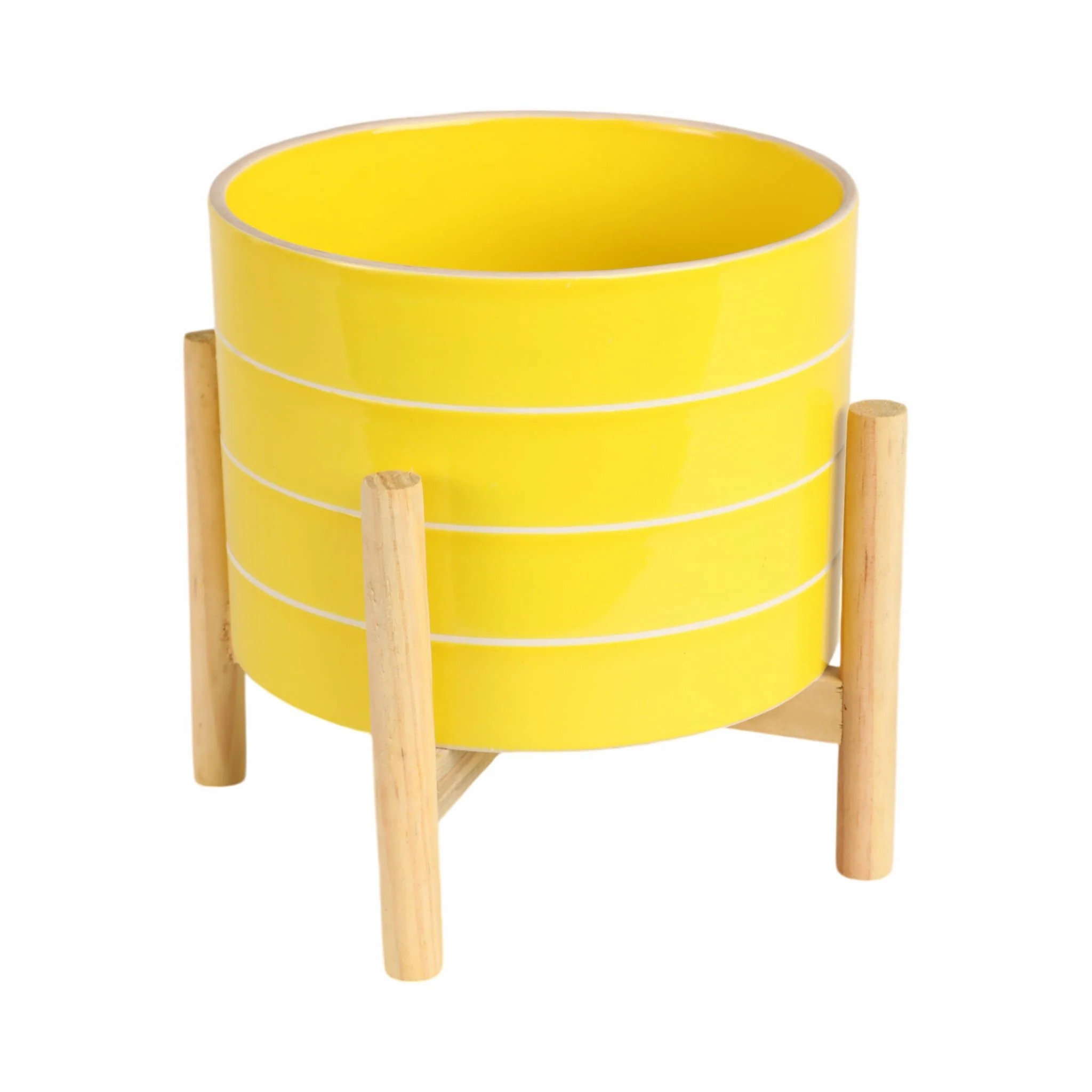 8" Striped Planter W/ Wood Stand, Yellow - Image 3