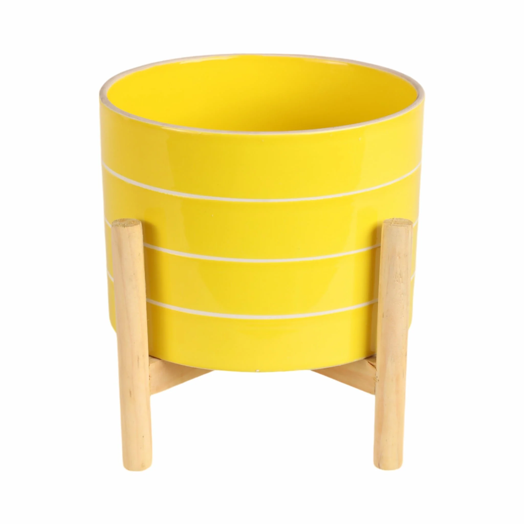 8" Striped Planter W/ Wood Stand, Yellow - Image 4