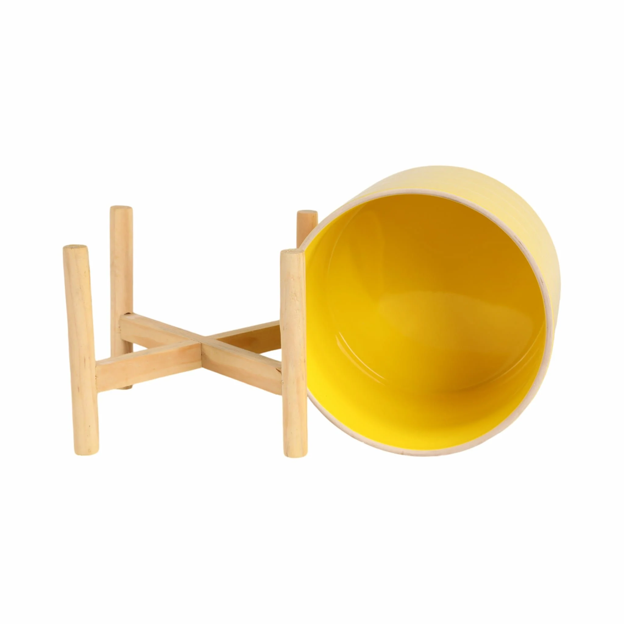 8" Striped Planter W/ Wood Stand, Yellow - Image 7