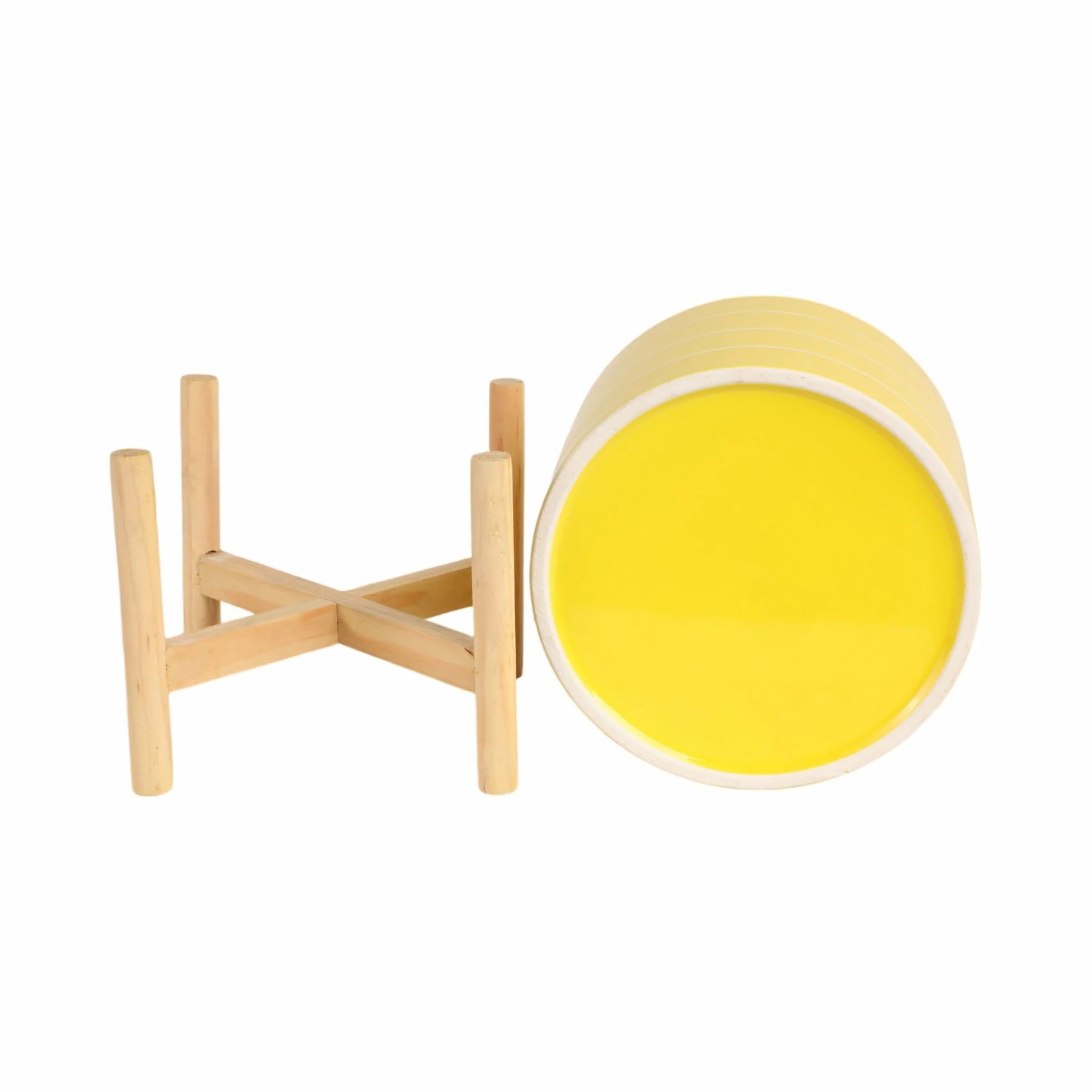 8" Striped Planter W/ Wood Stand, Yellow - Image 8
