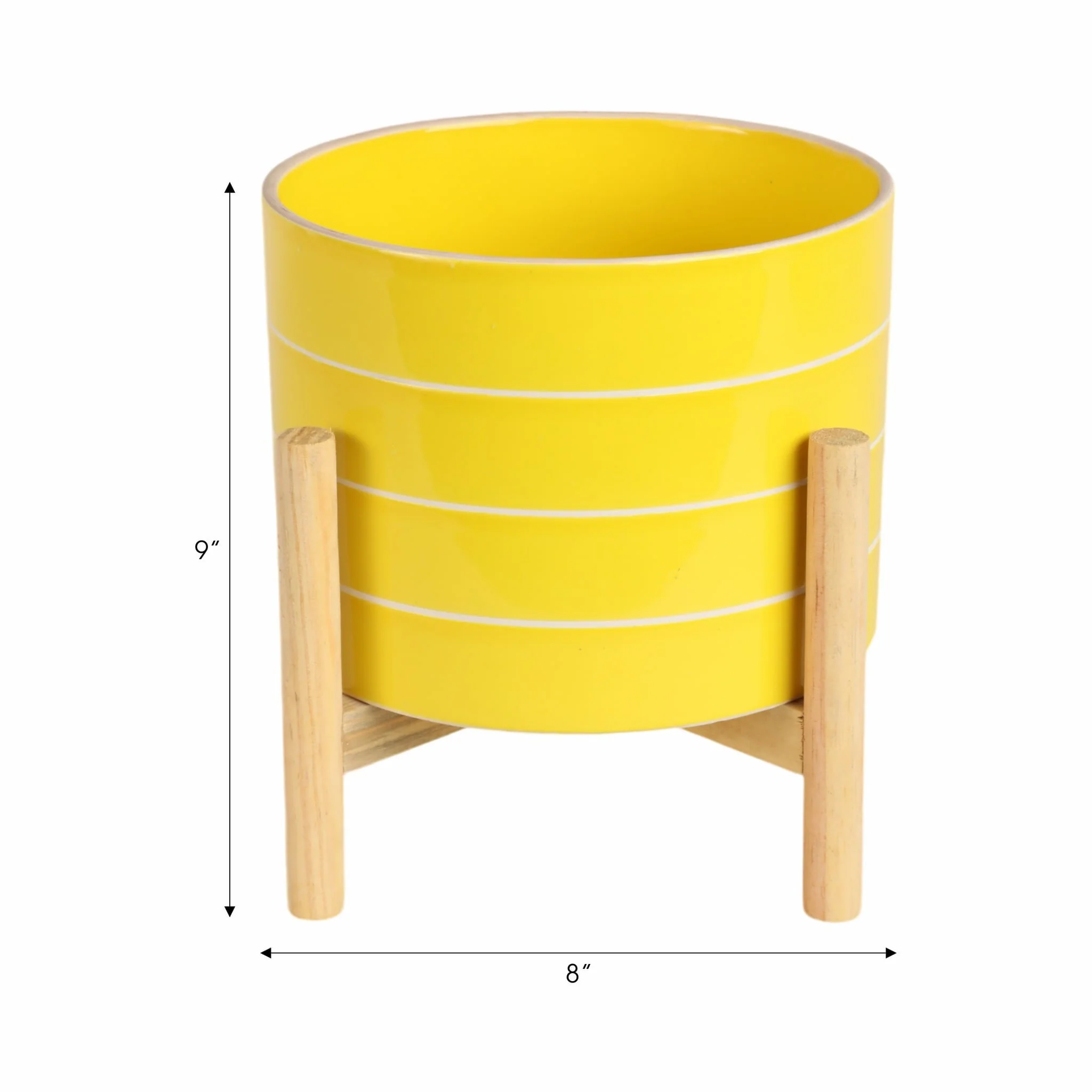 8" Striped Planter W/ Wood Stand, Yellow - Image 9