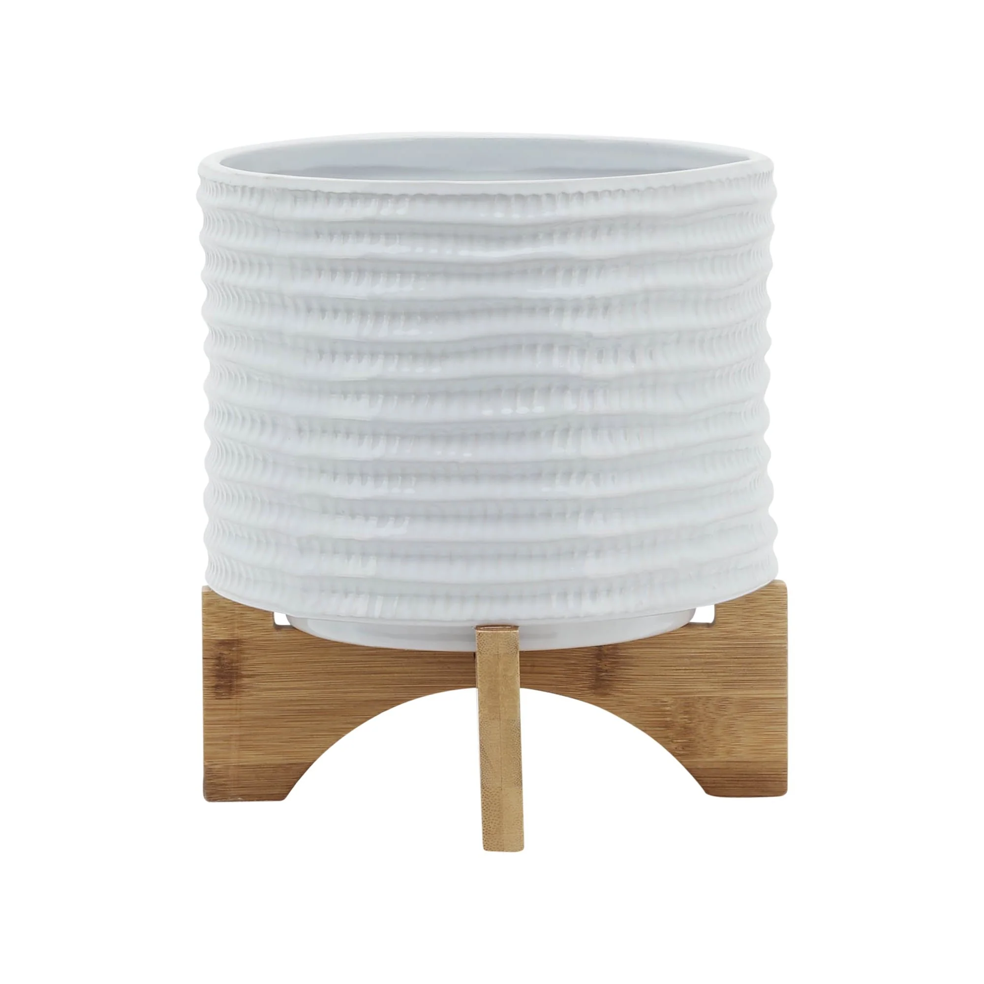 8" Textured Planter W/ Stand, White - Image 2