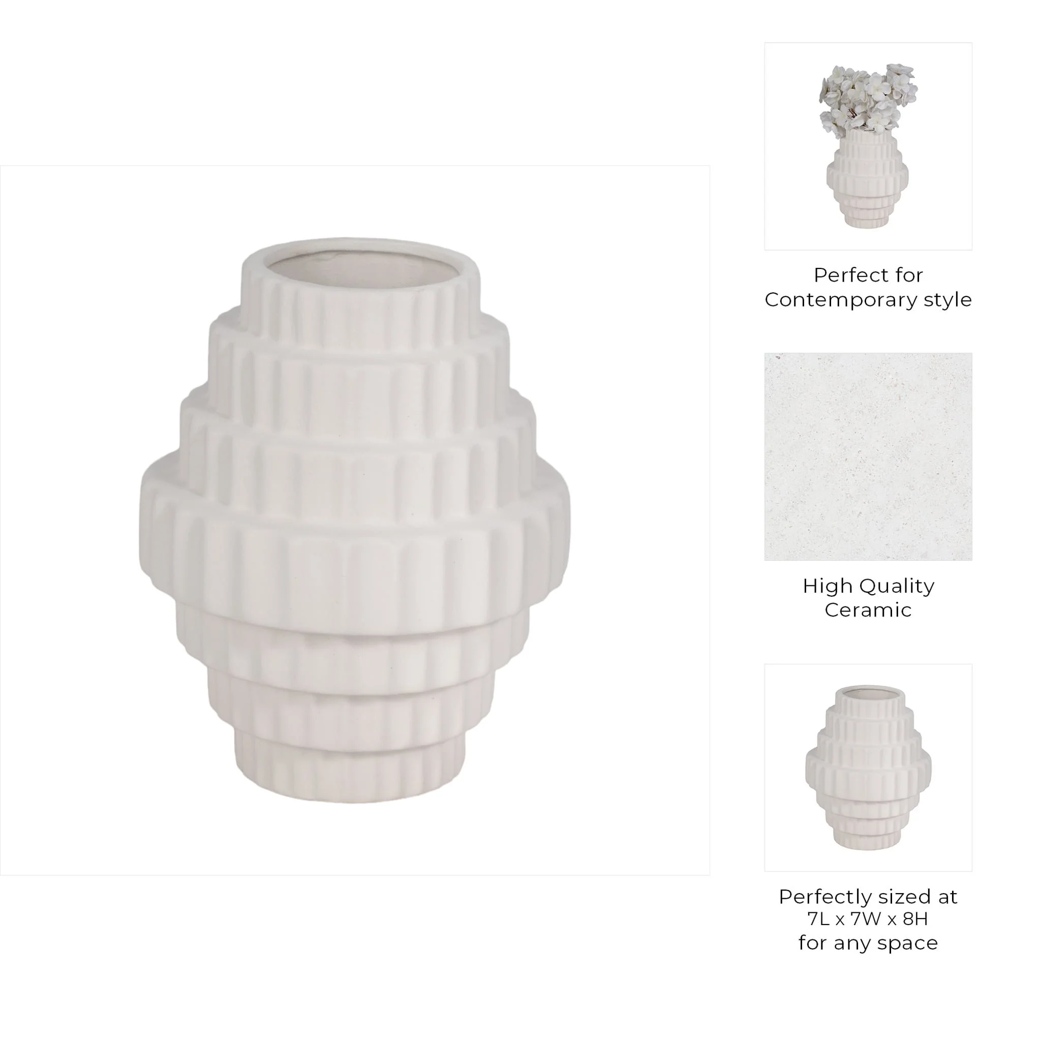 8" Textured Staggered Vase, White - Image 8