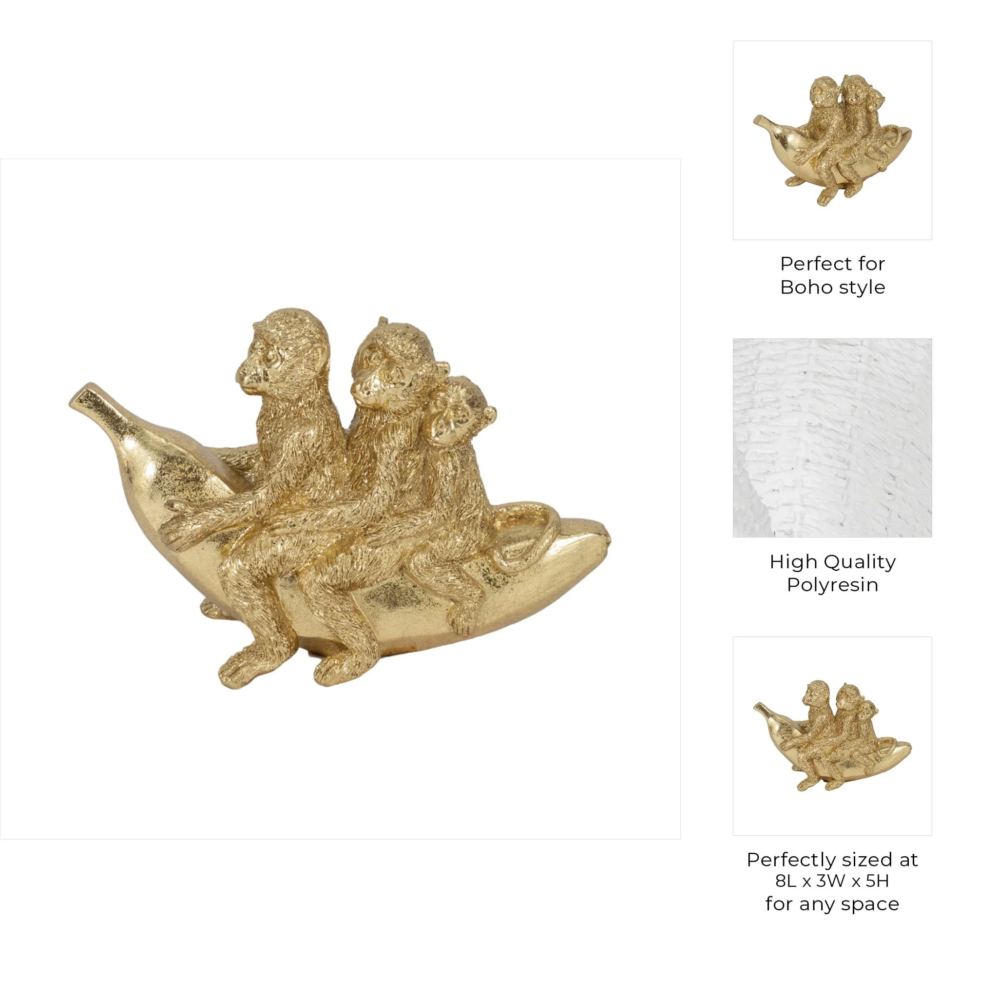 8" Three Monkeys On Banana, Gold - Image 10