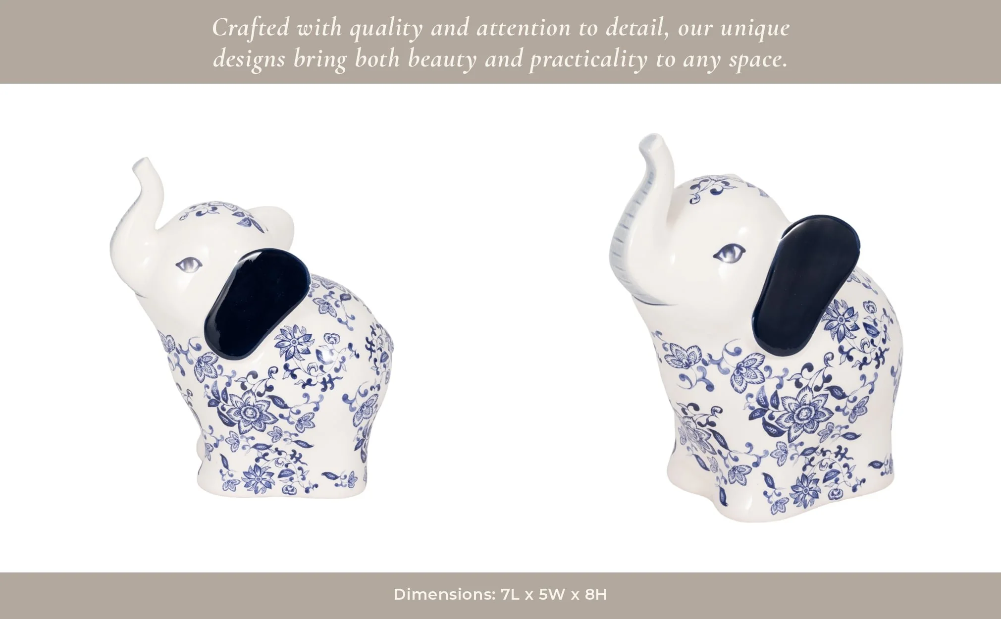 8" Trunk Up Chinoiserie Elephant, Blue/white - Image 12
