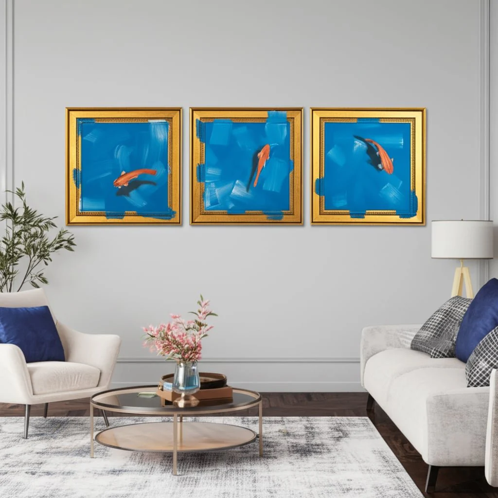 83x28,s/3 Hand Painted Fish In Sea, Blue/orange - Image 11