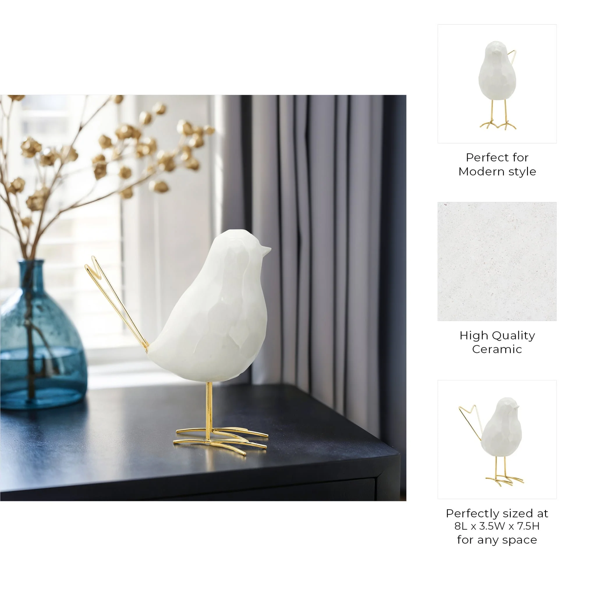 8"h Bird Statuette, White - Image 7