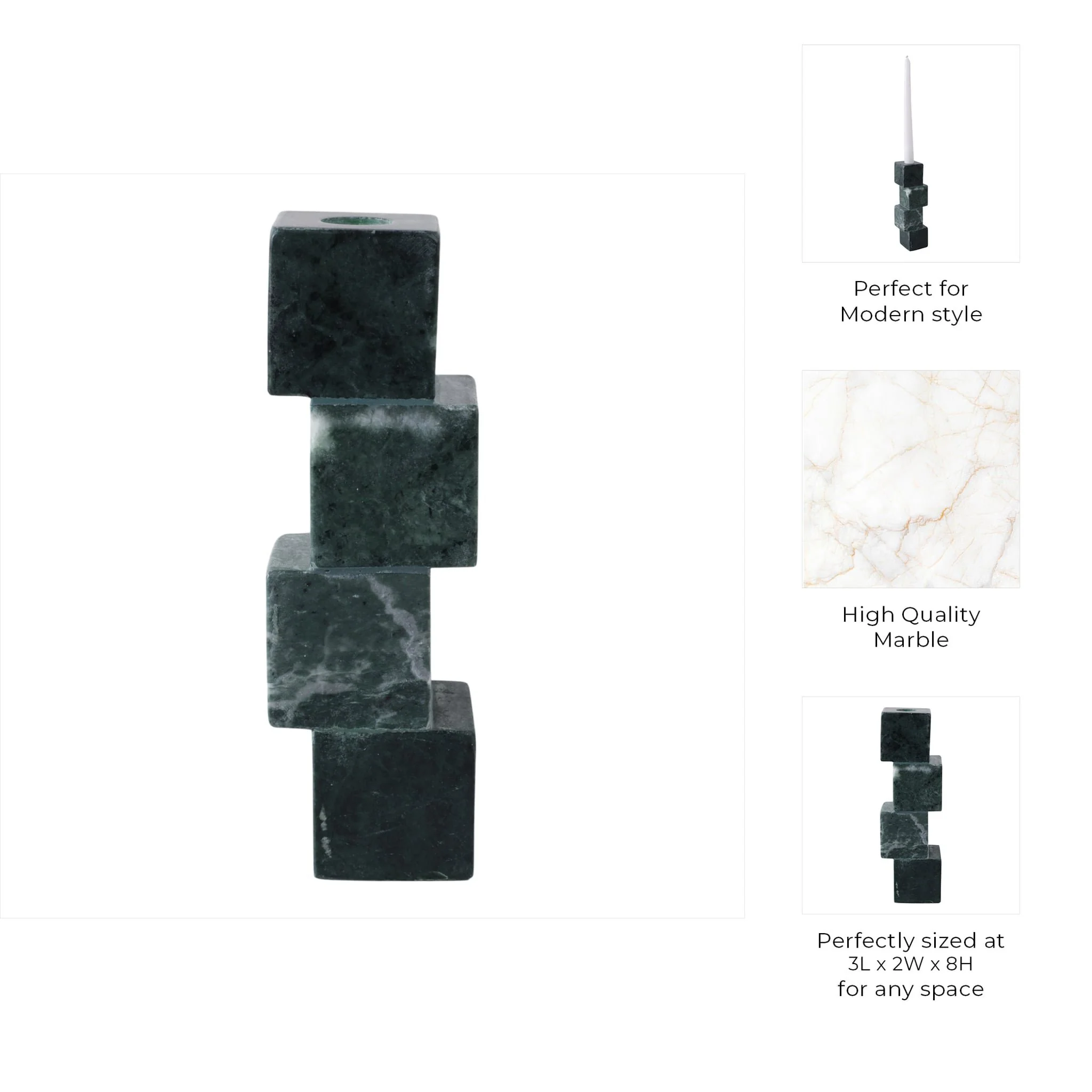 8x3" Stacked Cube Marble Taper Holder, Green - Image 9