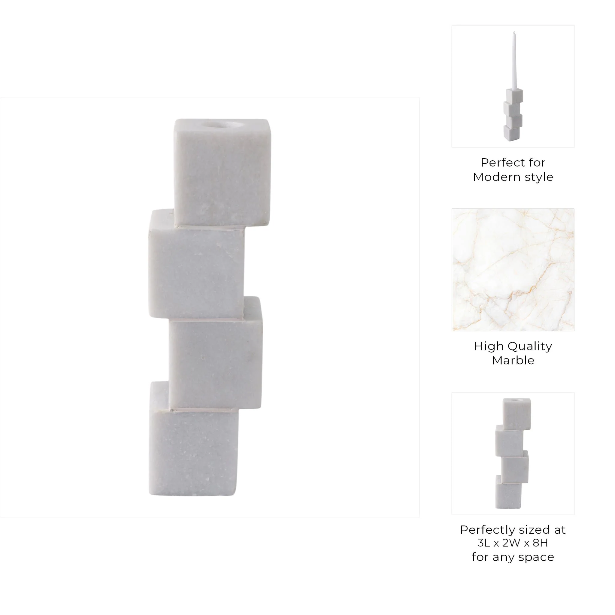 8x3" Stacked Cube Marble Taper Holder, White - Image 10