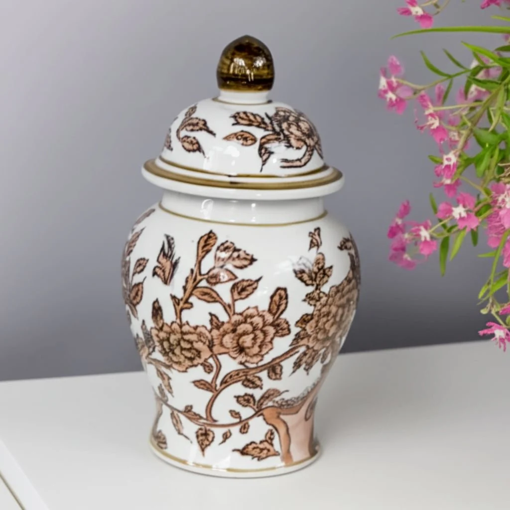 8x5" Chinoiserie Begonia Temple Jar, Brown/white - Image 9