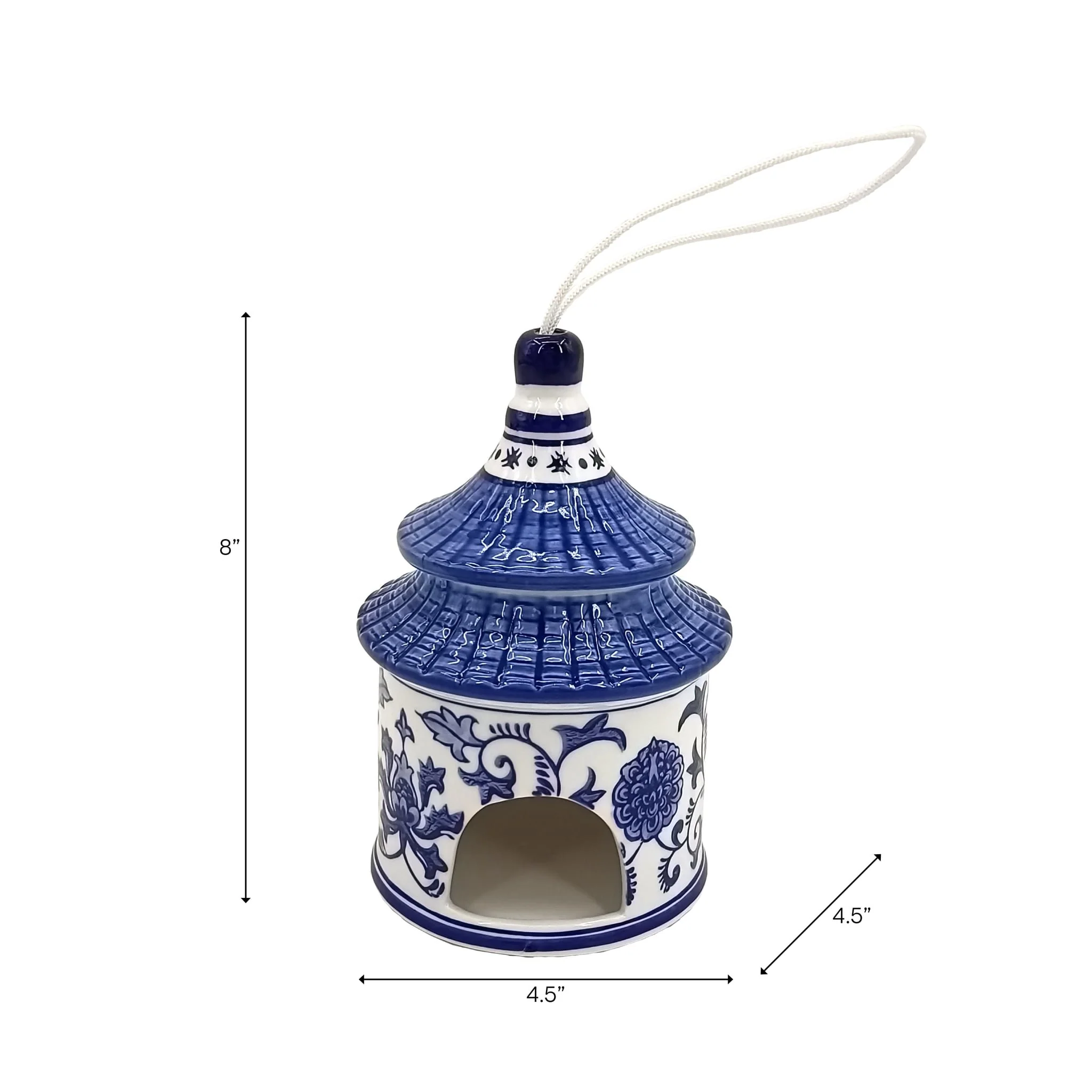 8x5" Chinoiserie Pagoda Bird House, White/blue - Image 8