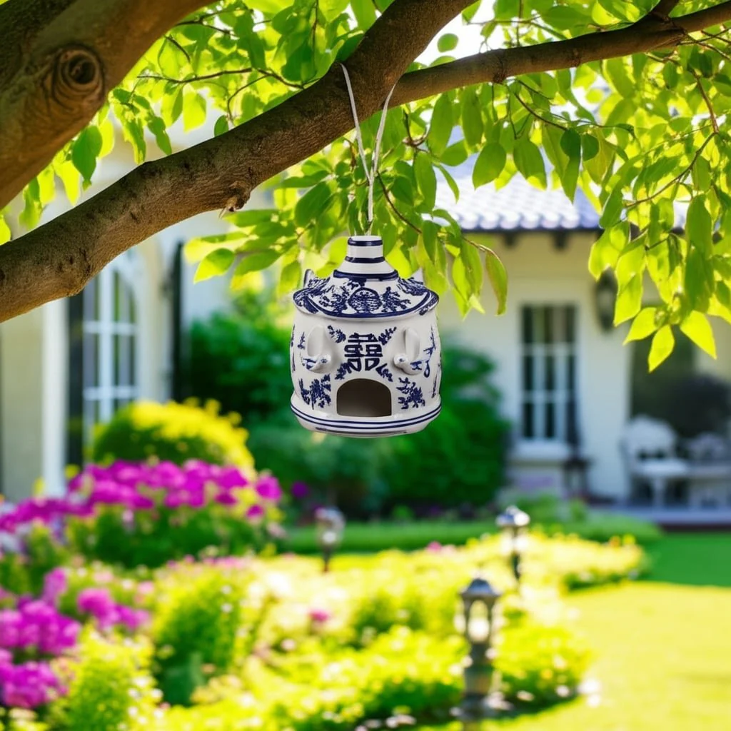 8x7" Chinoiserie Large Pagoda Bird House, Wht/blu - Image 11