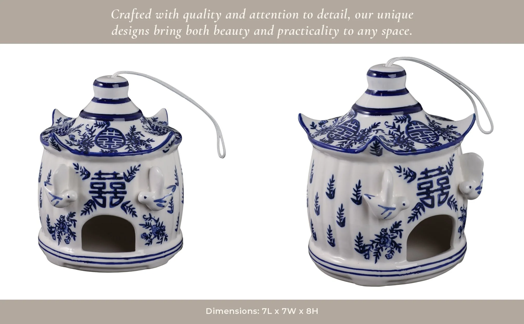 8x7" Chinoiserie Large Pagoda Bird House, Wht/blu - Image 13