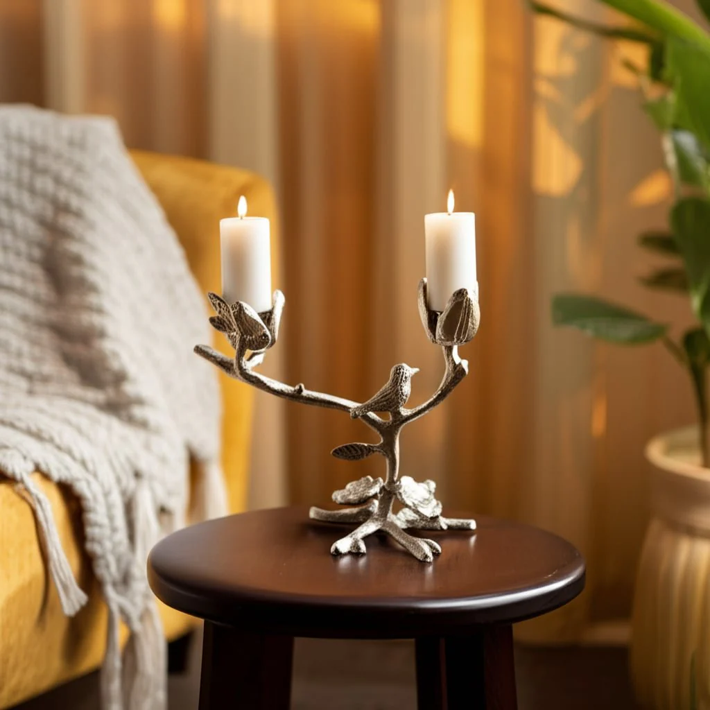 8x8" Bird On Twig 2-taper Holder, Champagne - Image 10