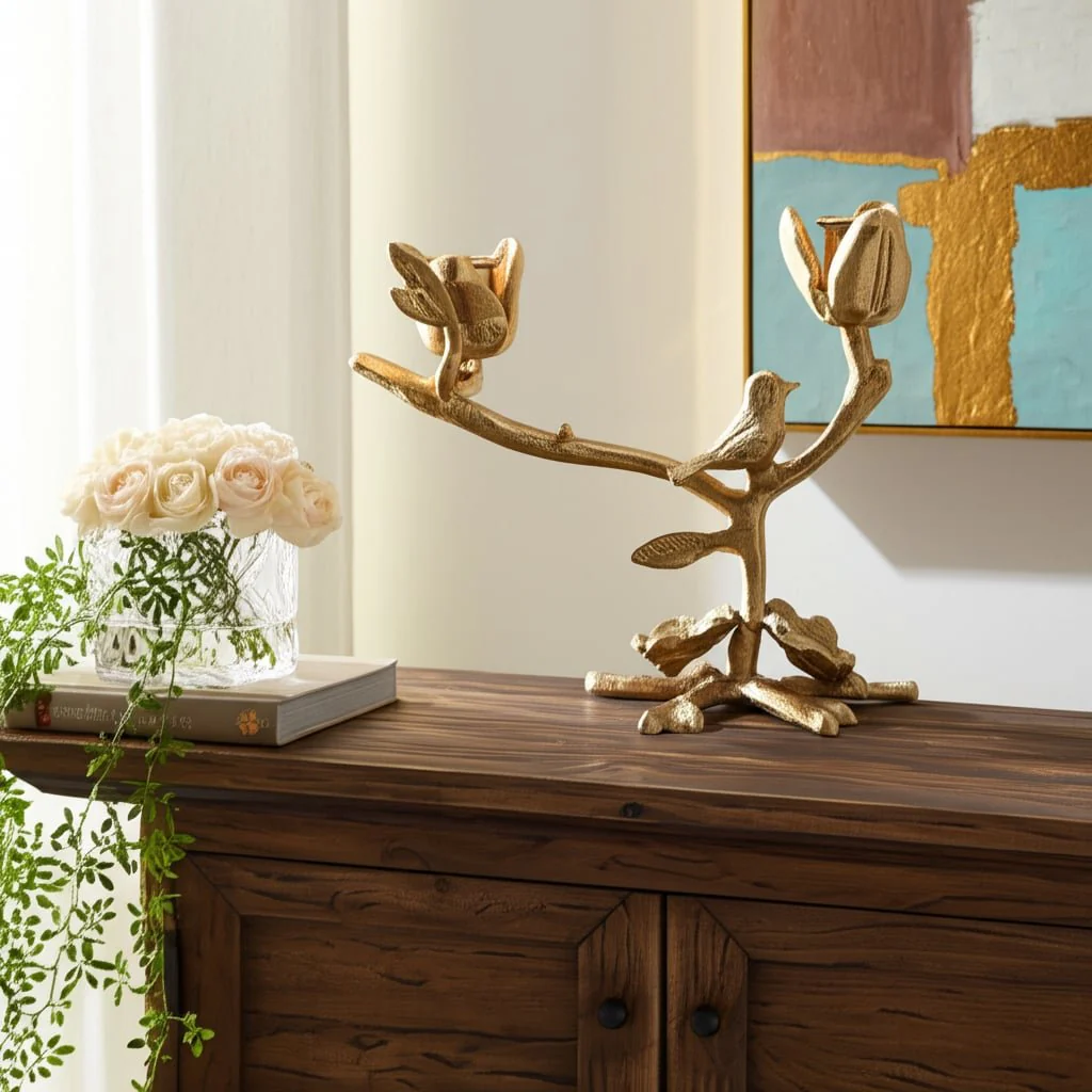 8x8" Bird On Twig 2-taper Holder, Champagne - Image 9