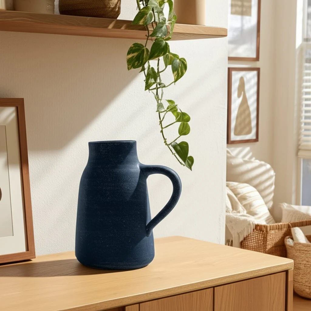 8x8" Terracotta Vase With Handle, Blue - Image 9