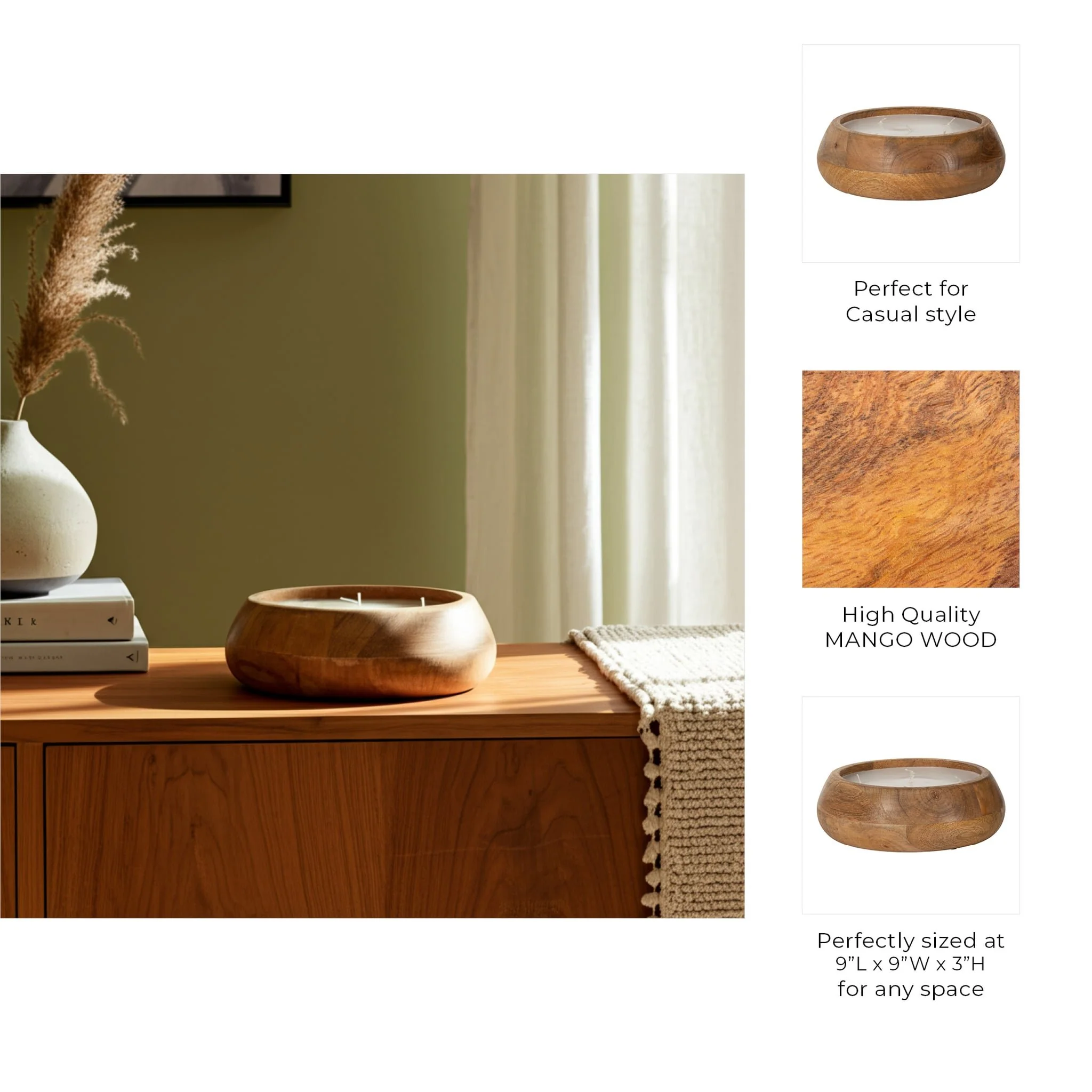 9" 20 Oz Vanilla Modern Wood Bowl Candle, Natural - Image 7