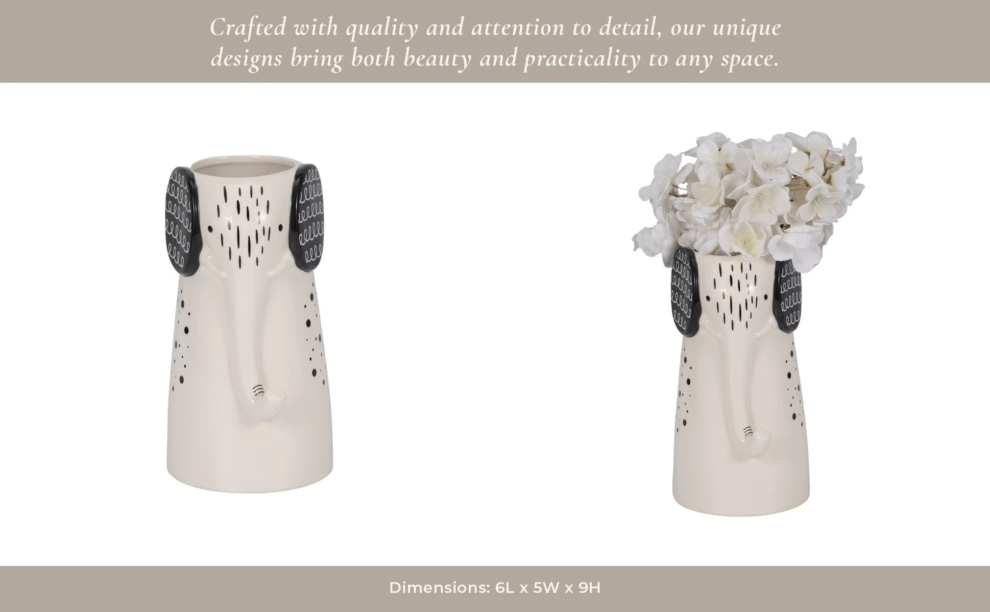 9" Elephant With Vase Opening, White/black - Image 14