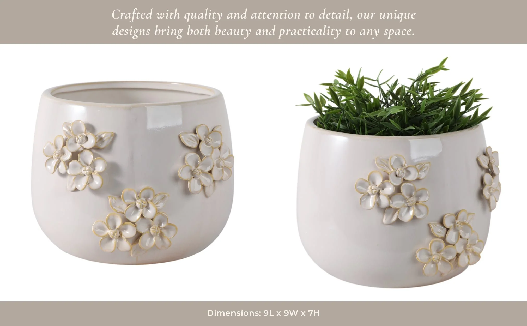 9" Flower Bunches Applique Planter, Ivory - Image 11