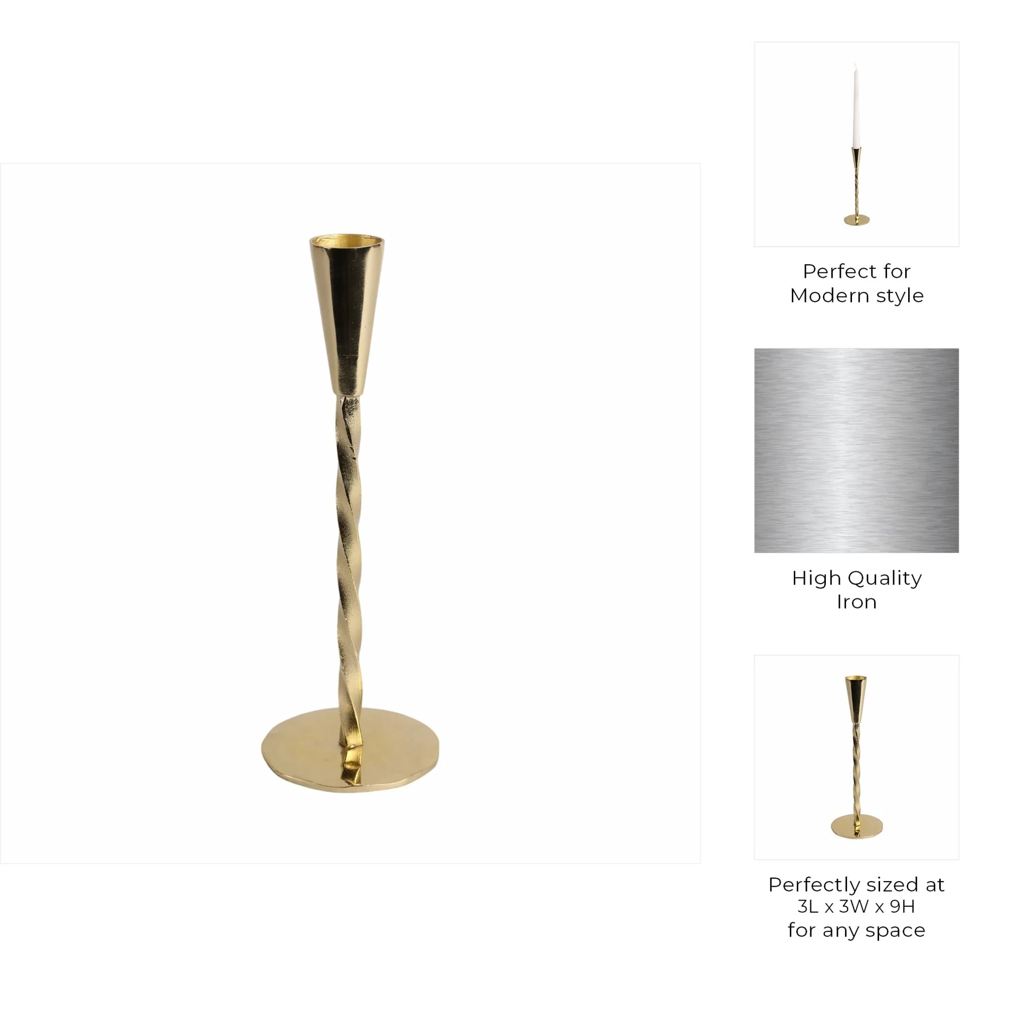 9x3" Twisted Taper Holder, Gold - Image 9