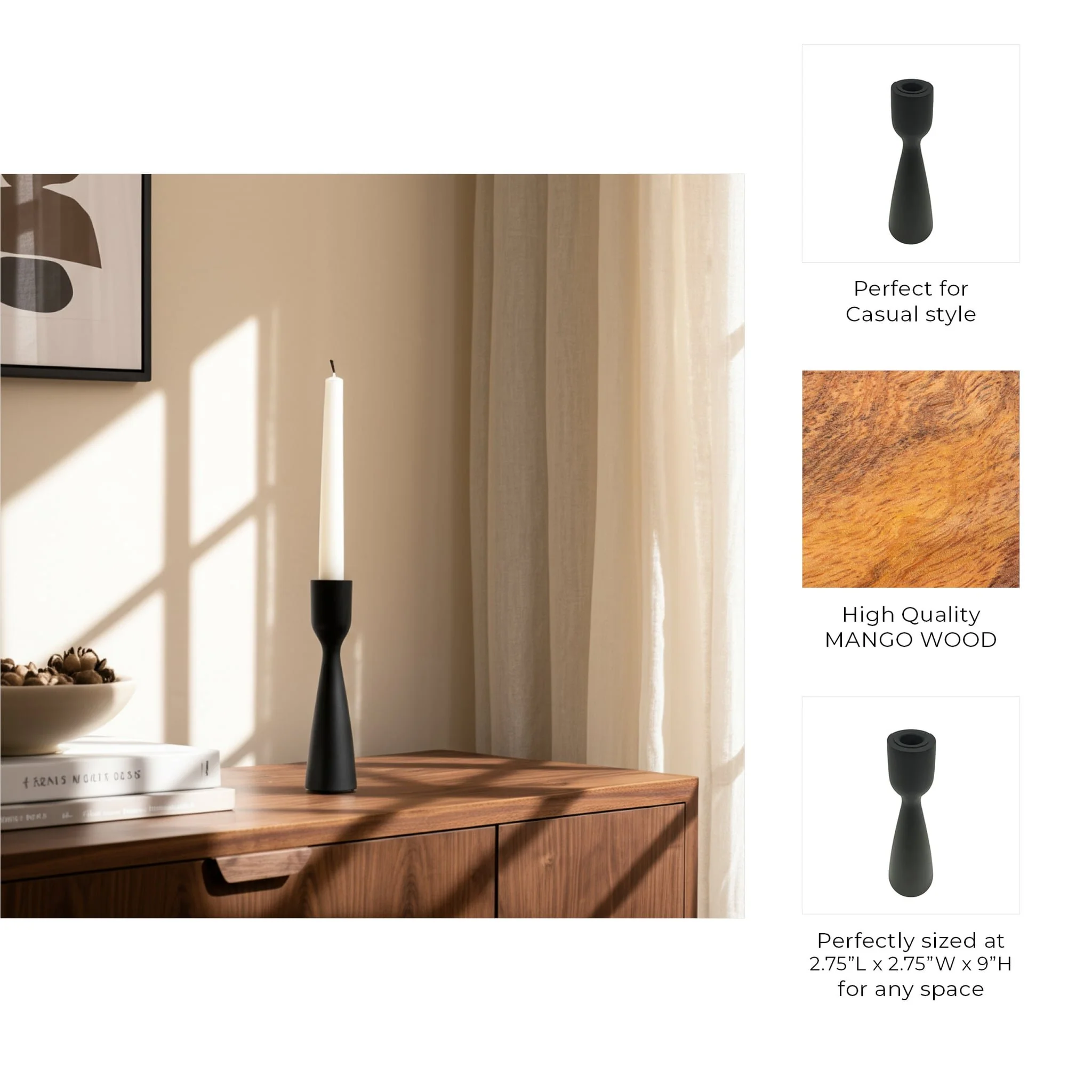 9x3" Wood Modern Taper Holder, Black - Image 2