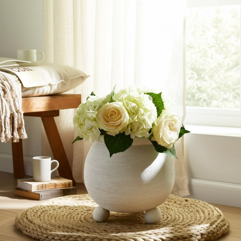 9x9" Textured Rounded Planter On Ball Feet, Ivory - Image 7